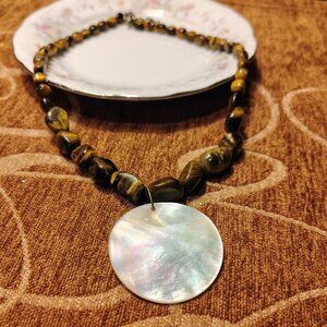 Vtg Tiger's Eye Necklace w/ Shell Pendant Mother of Pearl Reversible Monogram